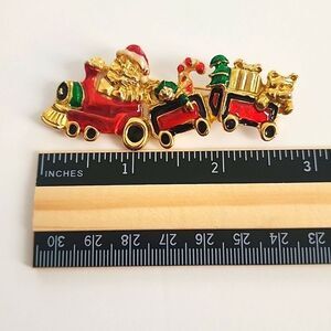 Unisex Vintage Gold/Red Enamel Classic Santa Claus Train Brooch Christmas Pin